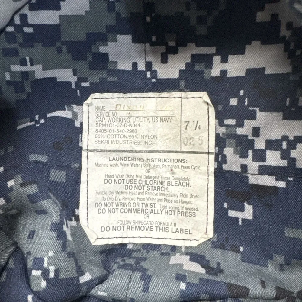 US Navy Blue Digital Camo 8 Point Working Utility Hat Cap Size 7 1/4 Military